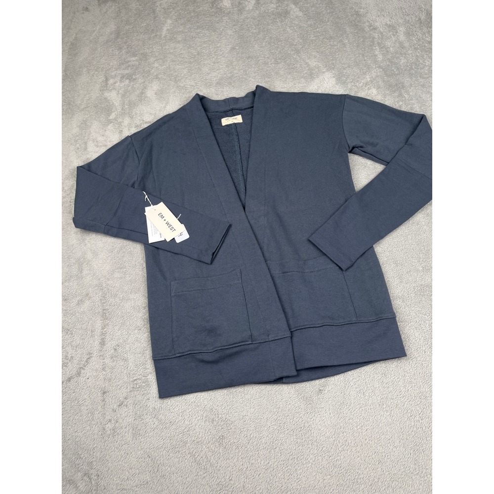 NEW EM+WEST 100% Organic Cotton Cardigan‎ Open Front Pockets Casual Blue XS